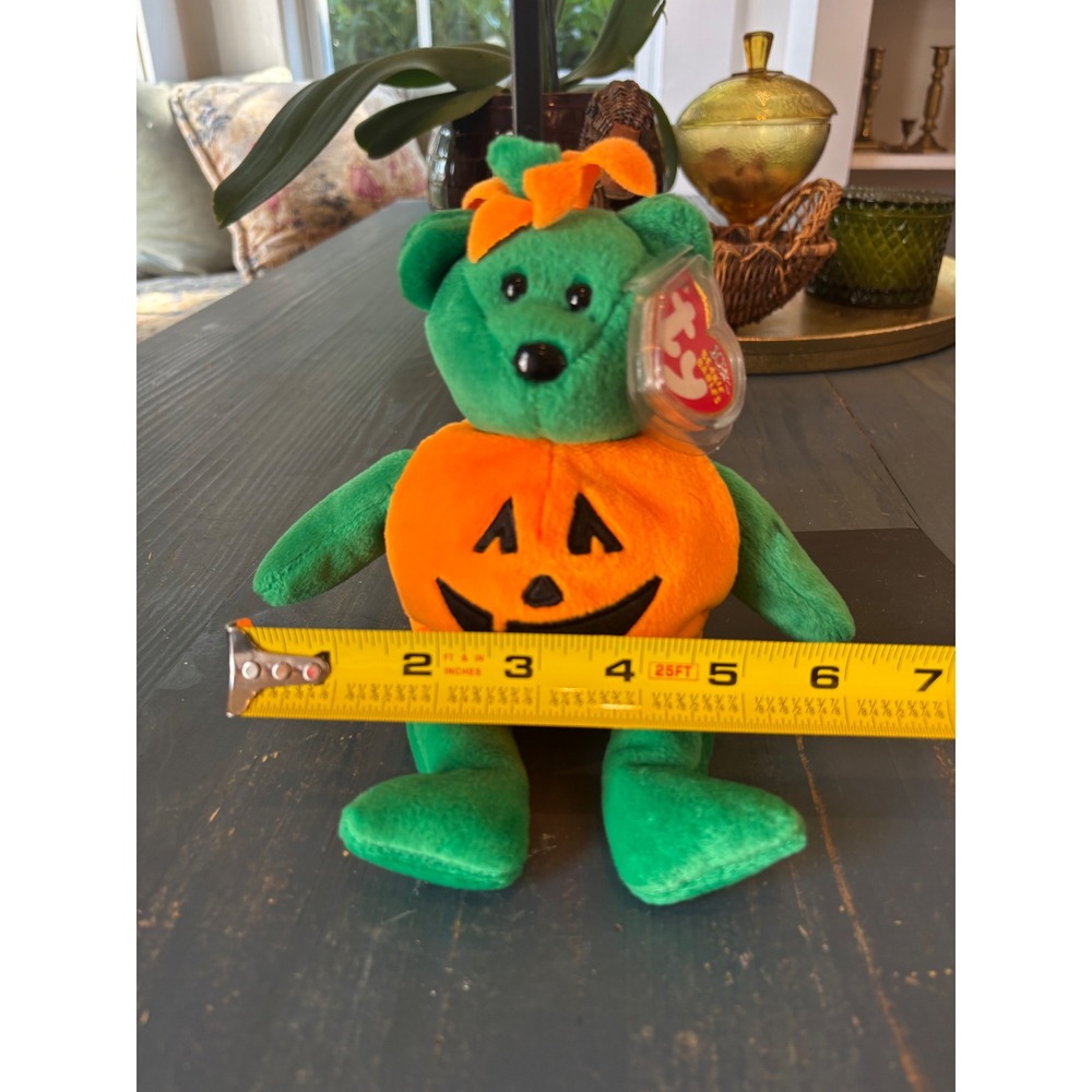 Ty Beanie Babies Tricky the Bear Halloween Pumpkin 10th Anniversary Plush Green - Picture 9 of 11